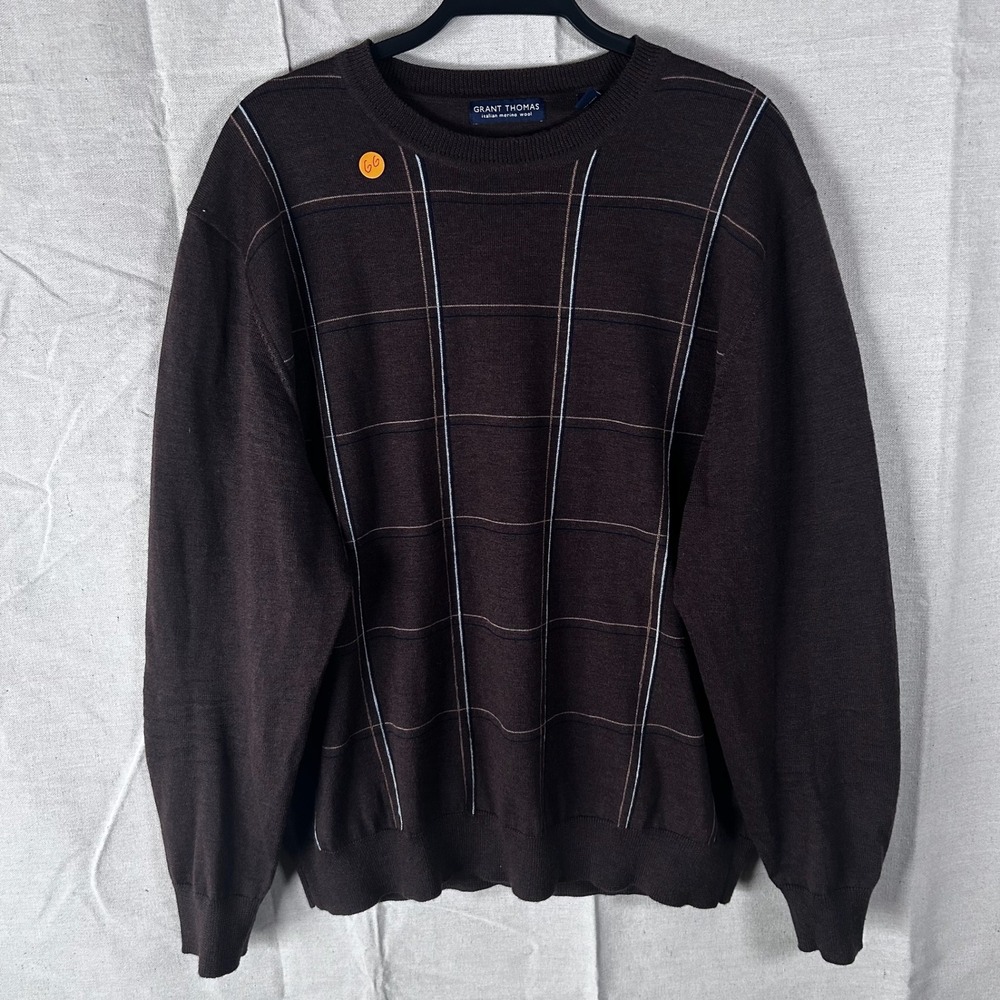 Grant Thomas Mens XL Brown Italian Merino Wool Striped Crewneck Sweater